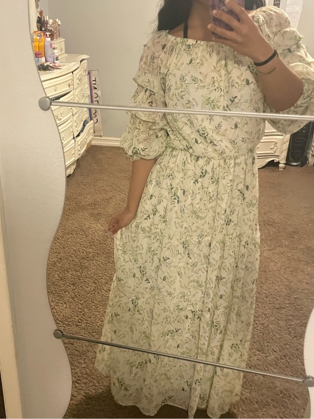 Floral garden Maxi Dress - white and light Green accents